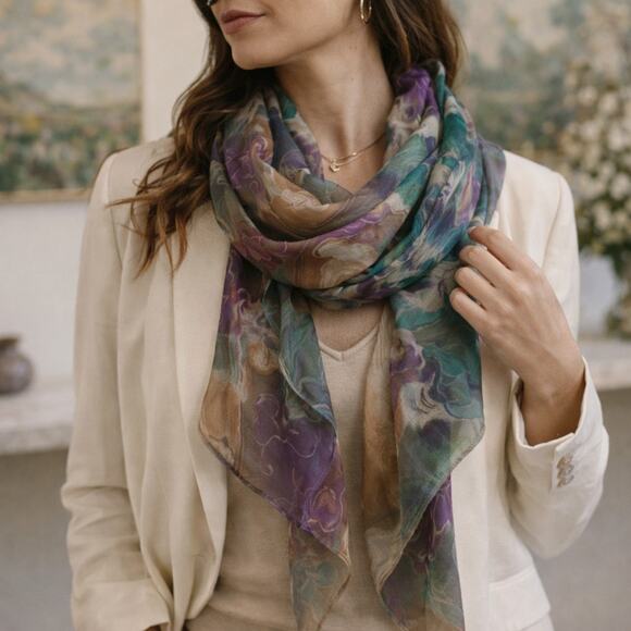 Abstract Watercolor Silk Scarf Vintage Sheer Jewel Tone Painterly Classic Artsy - Picture 2 of 8